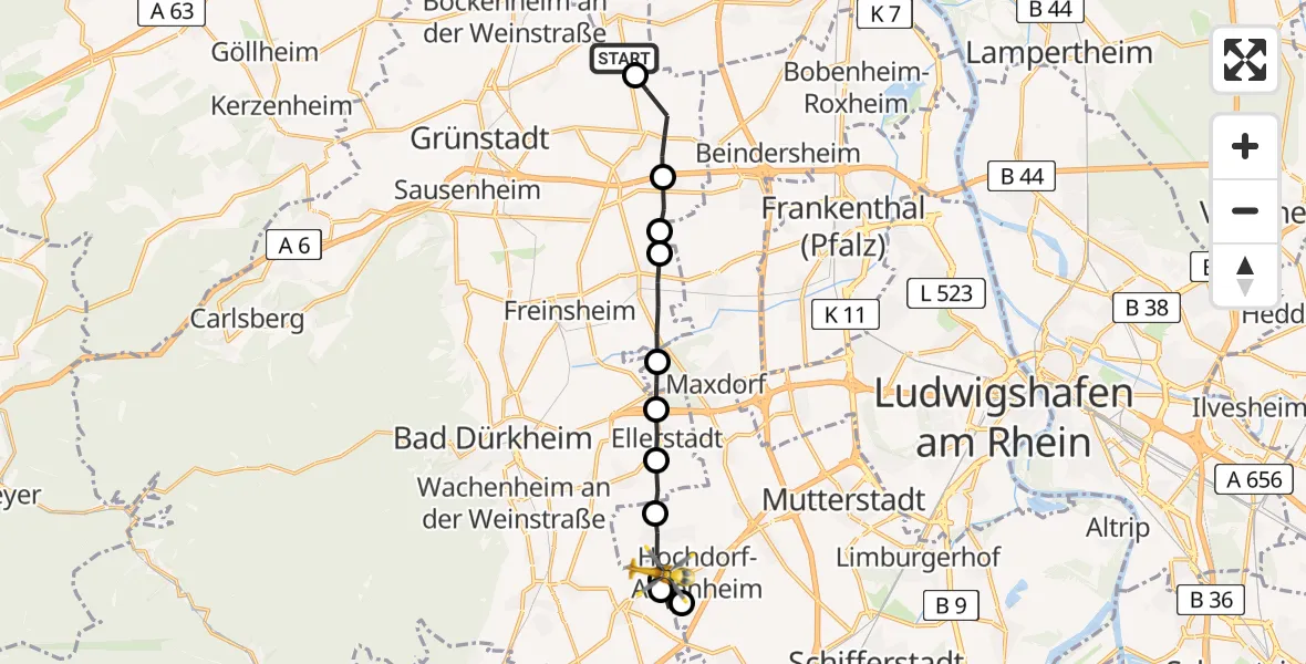Flugroute Rettungshubschrauber Offstein - Meckenheim, 18 Mai 2026, 18:55