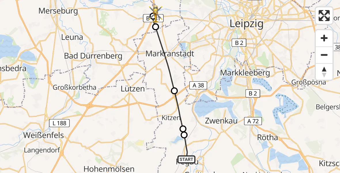 Flugroute Rettungshubschrauber Pegau - ADAC Air Rescue Station Leipzig/Schkeuditz-Dölzig Hubschrauberlandeplatz (Christoph 61), 18 Mai 2026, 19:04