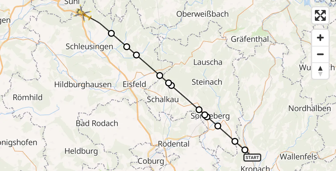 Flugroute Rettungshubschrauber Kronach - Schleusingen, 18 Mai 2026, 19:05