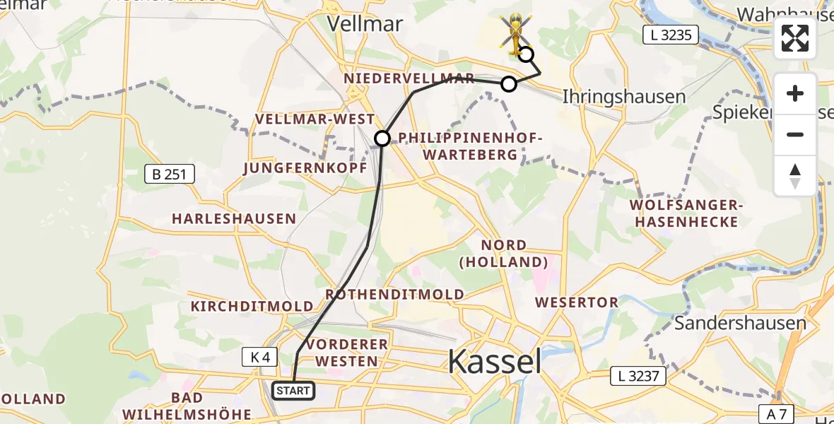 Flugroute Rettungshubschrauber Kassel - Fuldatal Bundespolizei Hubschrauberlandeplatz, 18 Mai 2026, 19:10