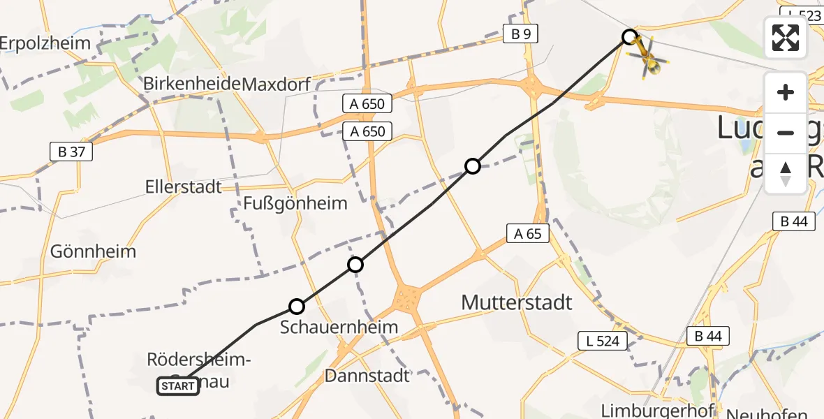 Flugroute Rettungshubschrauber Rödersheim-Gronau - Ludwigshafen Accident Hospital, 18 Mai 2026, 19:16