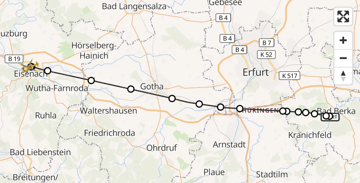 Flugroute Ambulanzhubschrauber Bad Berka Central Hospital - Sankt Georg Hospital Eisenach, 18 Mai 2026, 19:20