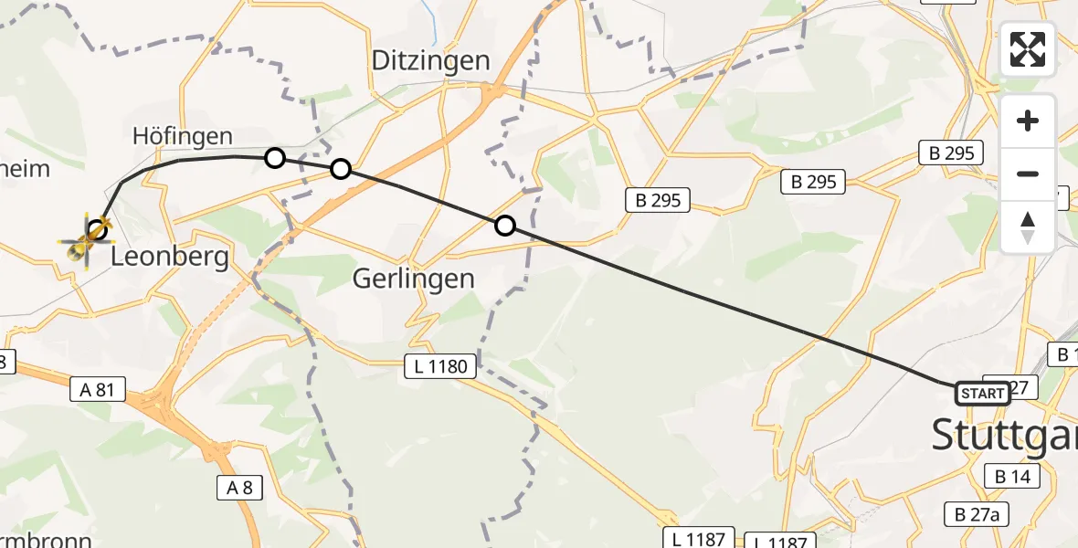 Flugroute Rettungshubschrauber Stuttgart - Leonberg Hospital, 18 Mai 2026, 19:24