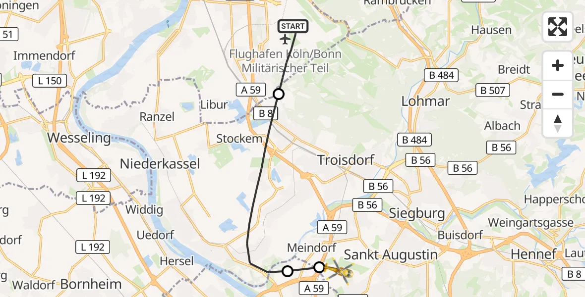 Flugroute Rettungshubschrauber Köln Bonn Flughafen - Sankt Augustin, 18 Mai 2026, 19:28