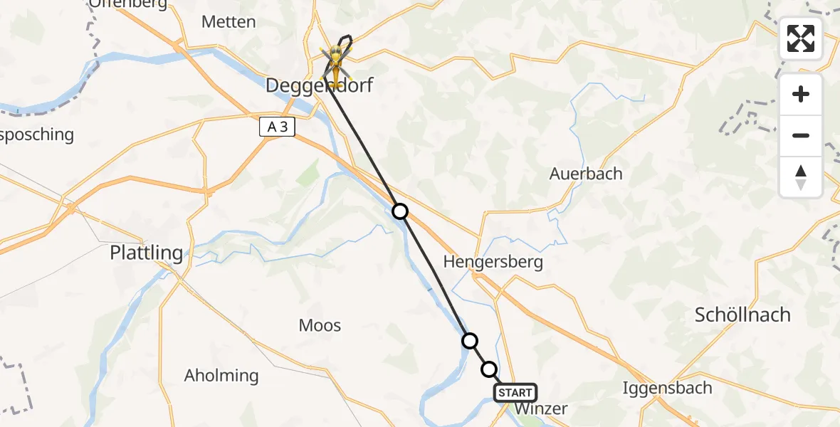 Flugroute Rettungshubschrauber Winzer - Deggendorf, 18 Mai 2026, 19:32