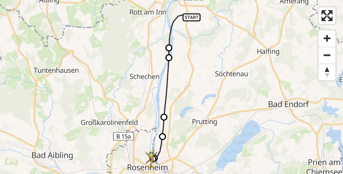 Flugroute Rettungshubschrauber Griesstätt - RoMed Hospital Rosenheim, 18 Mai 2026, 19:55