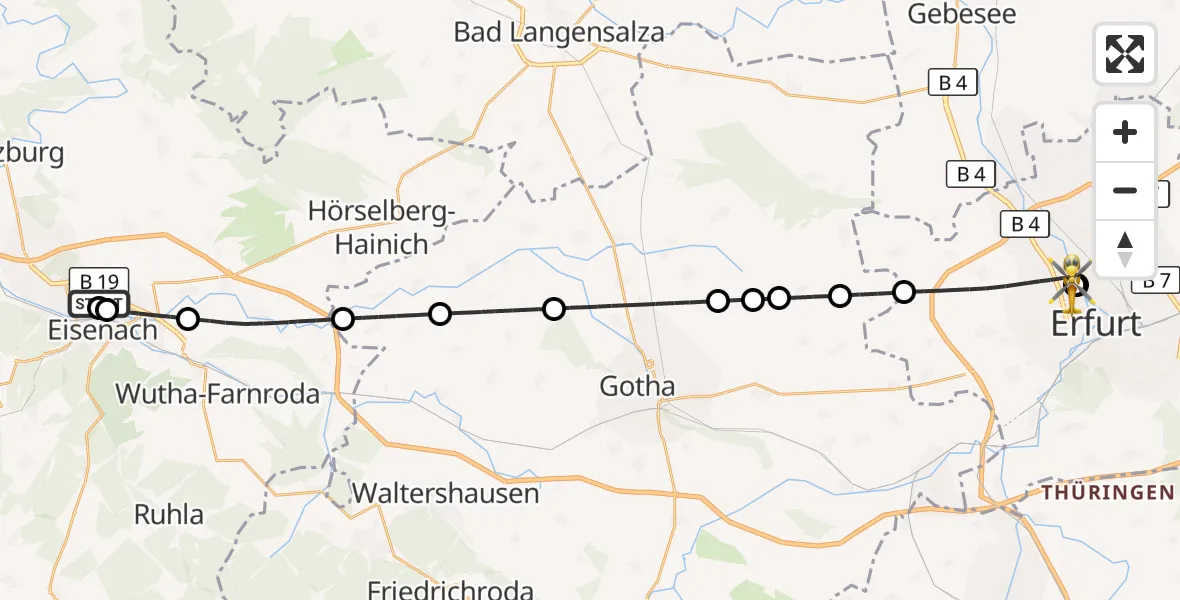 Flugroute Ambulanzhubschrauber Sankt Georg Hospital Eisenach - Helios Clinic Erfurt, 18 Mai 2026, 20:01