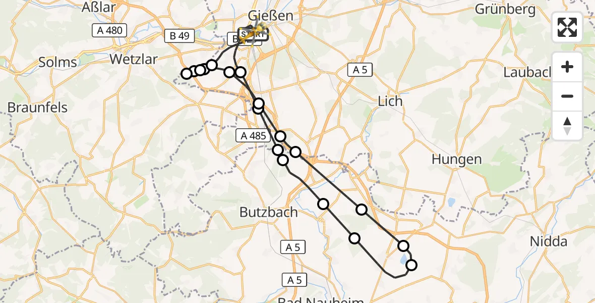 Flugroute Rettungshubschrauber Gießen - Gießen, 18 Mai 2026, 20:19