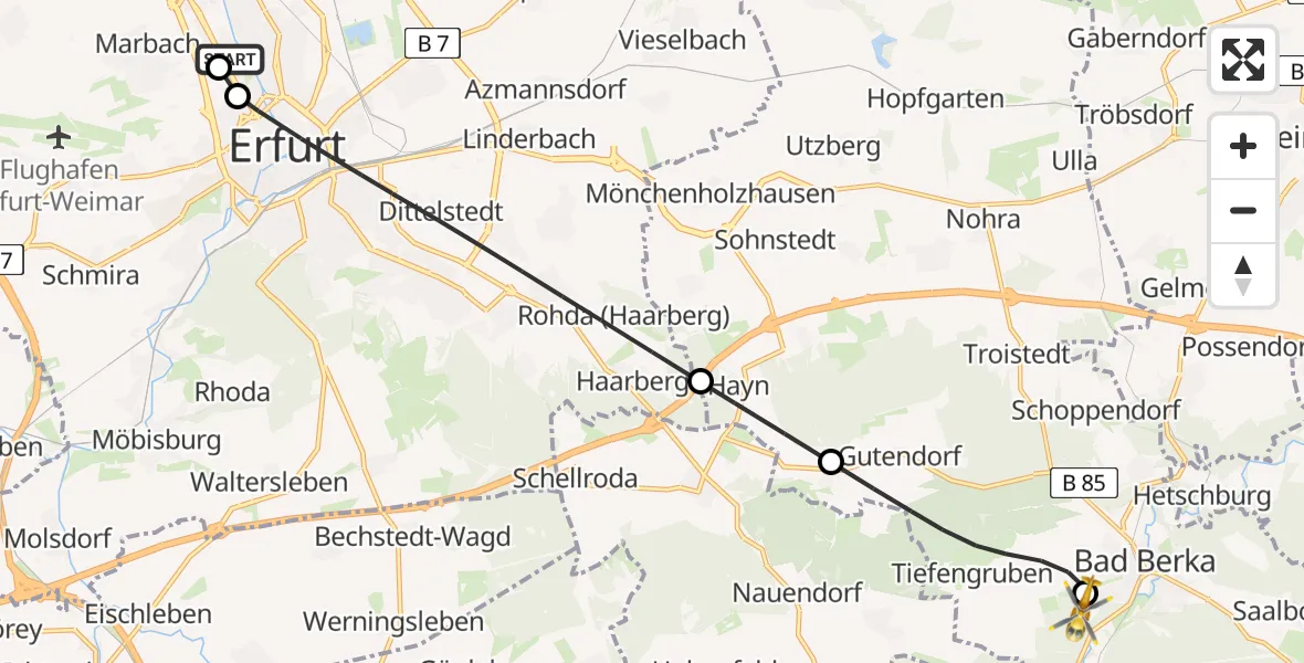 Flugroute Ambulanzhubschrauber Helios Clinic Erfurt - Bad Berka Central Hospital, 18 Mai 2026, 20:36