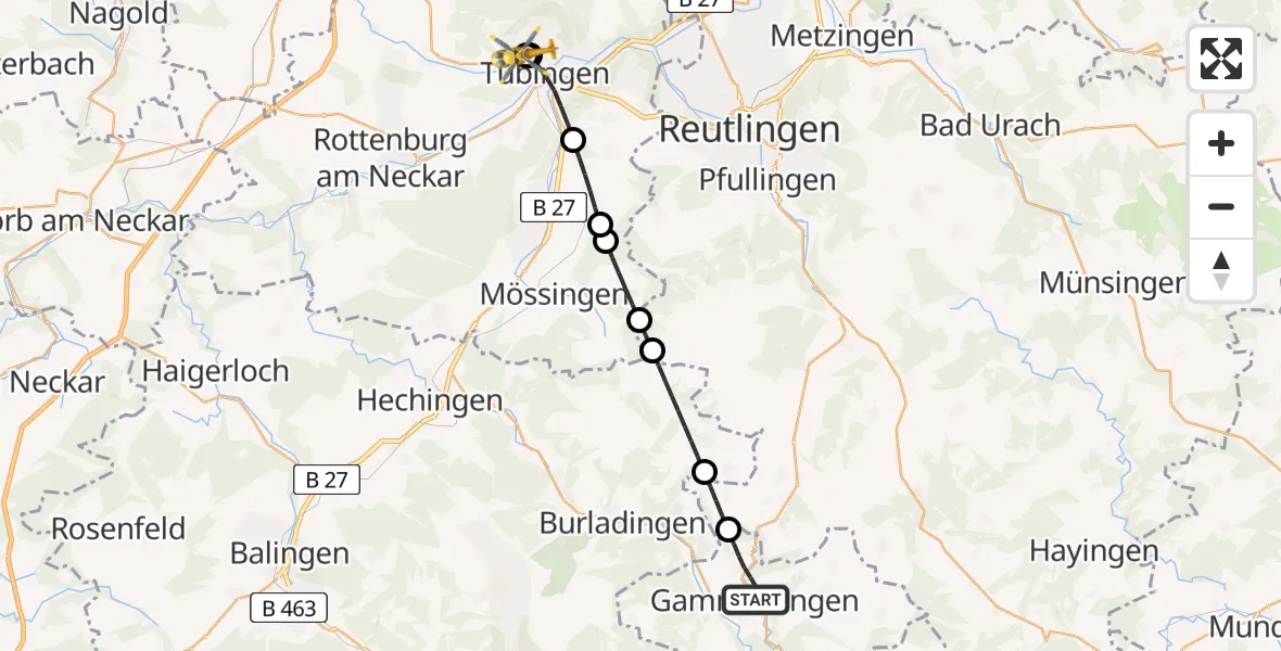 Flugroute Rettungshubschrauber Gammertingen - Tübingen University Hospital, 18 Mai 2026, 21:12