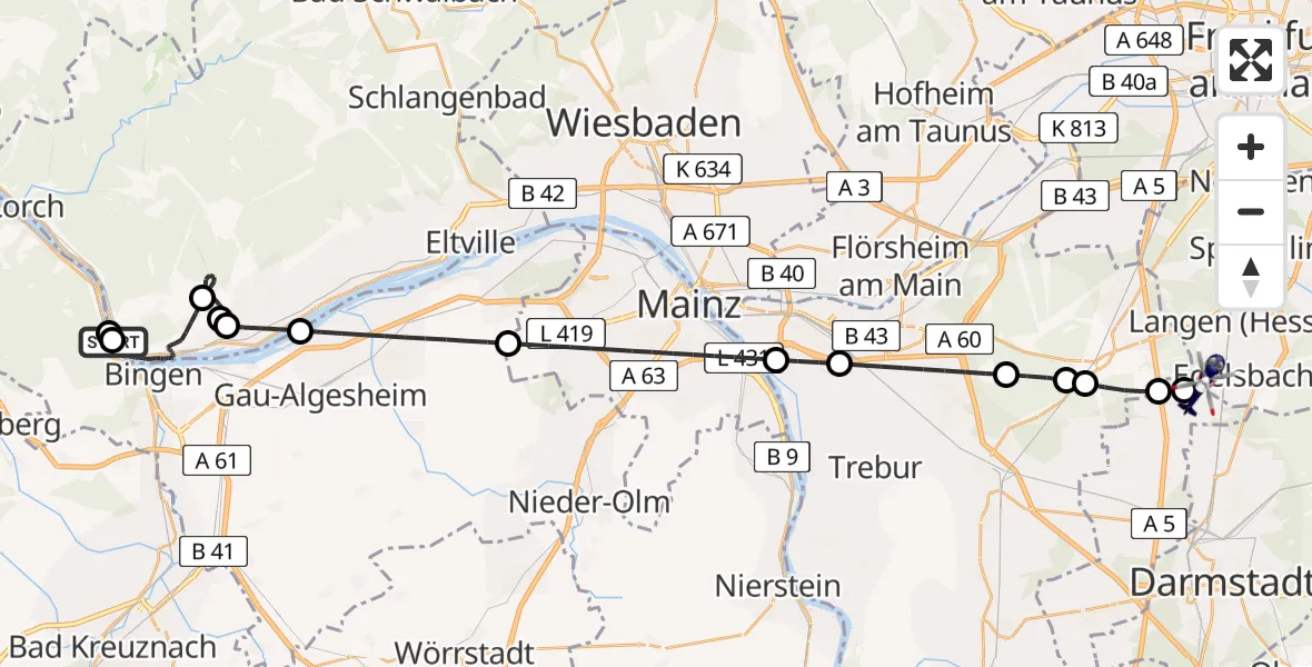 Flugroute Polizeihubschrauber Rüdesheim am Rhein - Flughafen Frankfurt-Egelsbach, 18 Mai 2026, 21:23