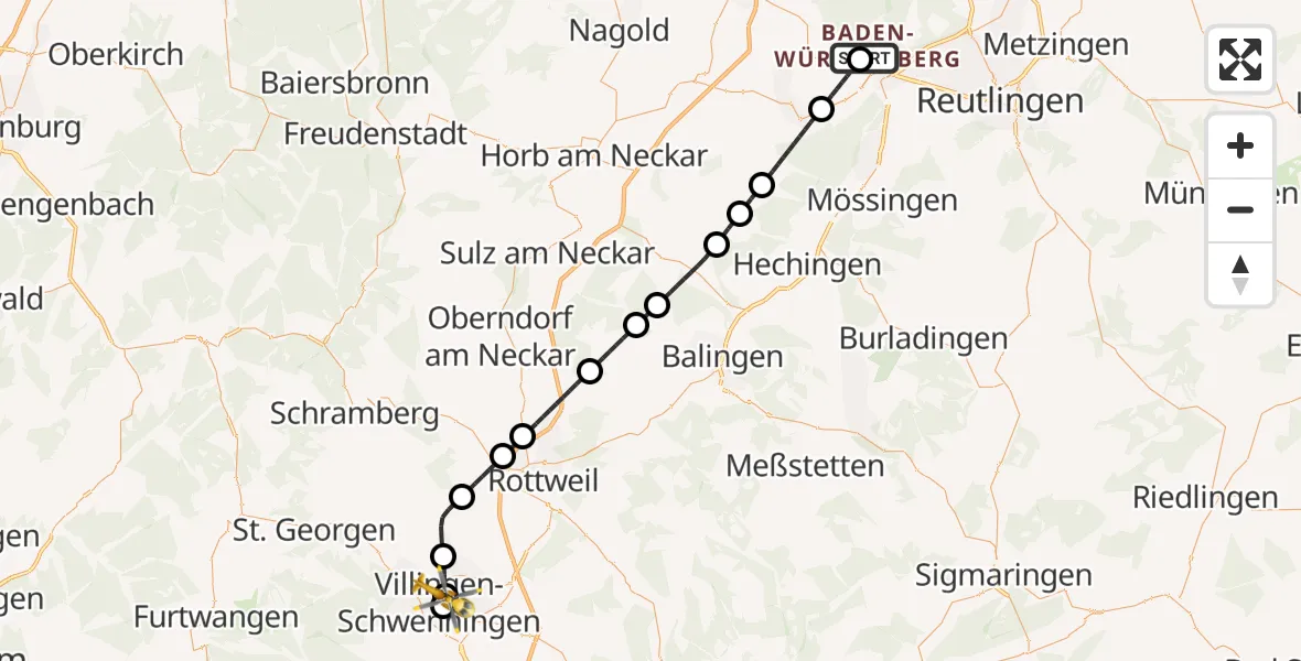 Flugroute Rettungshubschrauber Tübingen University Hospital - DRF Air Rescue Station Villingen-Schwenningen Hubschrauberlandeplatz (Christoph 11), 18 Mai 2026, 22:02