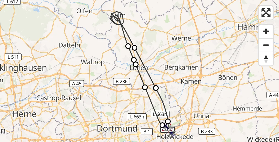 Flugroute Polizeihubschrauber Dortmund Flughafen - Dortmund Flughafen, 18 Mai 2026, 22:44