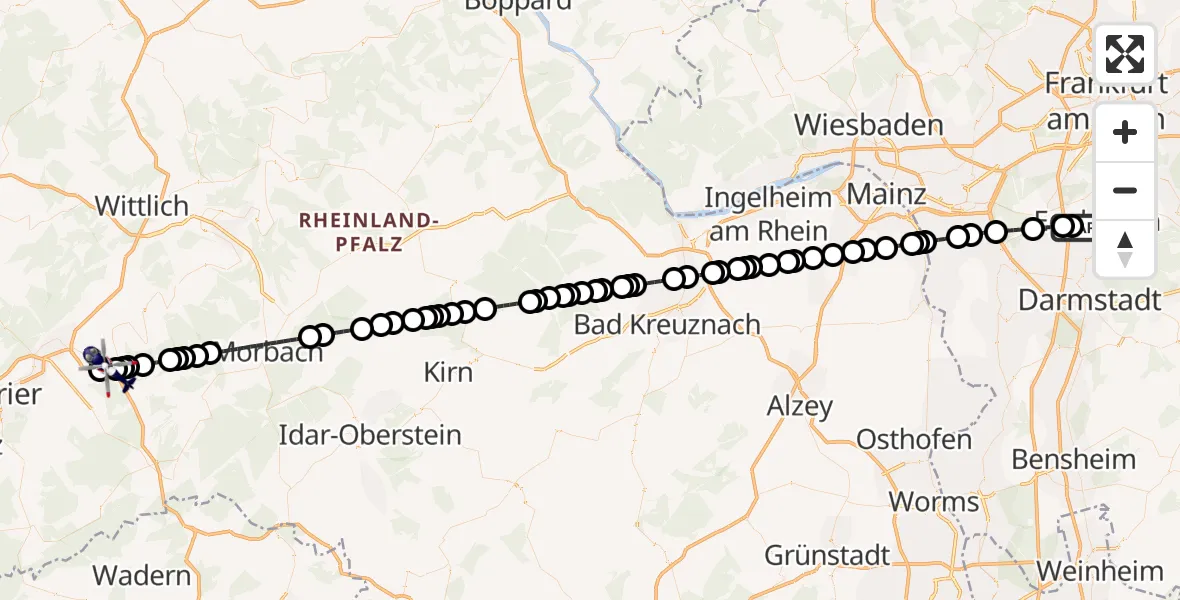 Flugroute Polizeihubschrauber Flughafen Frankfurt-Egelsbach - Mehring, 19 Mai 2026, 01:18