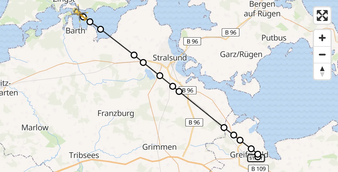 Flugroute Rettungshubschrauber Greifswald Hospital - Zingst, 19 Mai 2026, 02:39