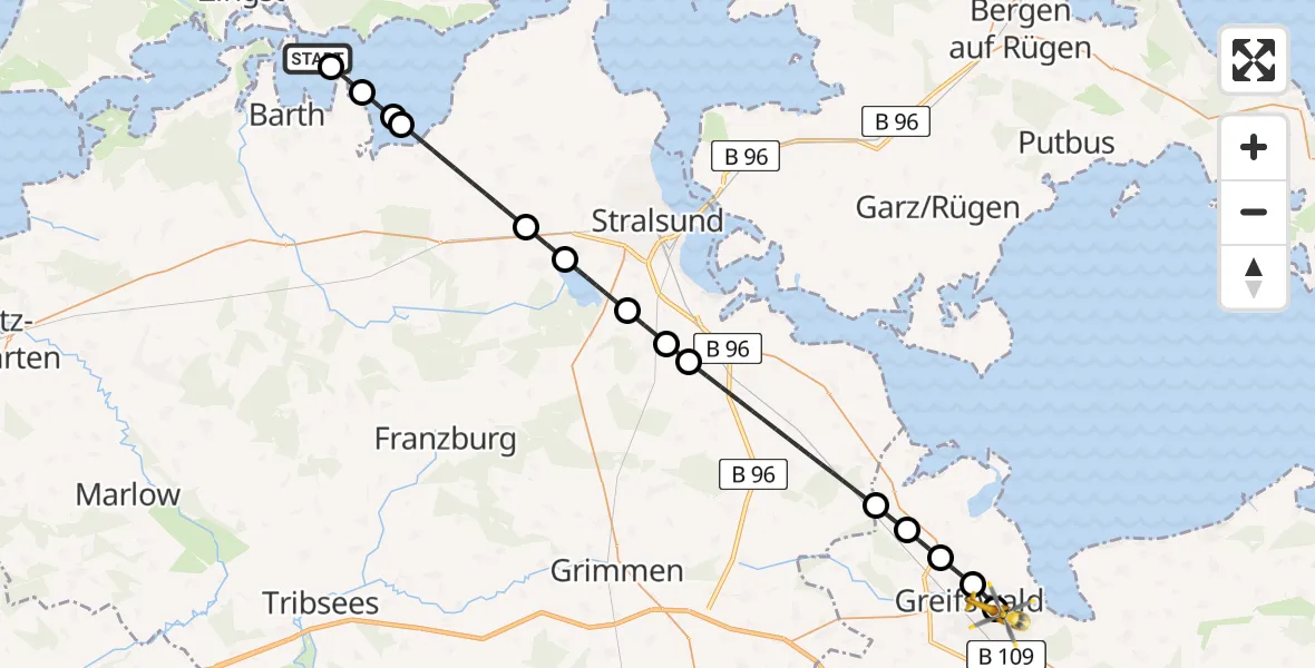 Flugroute Rettungshubschrauber Zingst - Greifswald Hospital, 19 Mai 2026, 03:17
