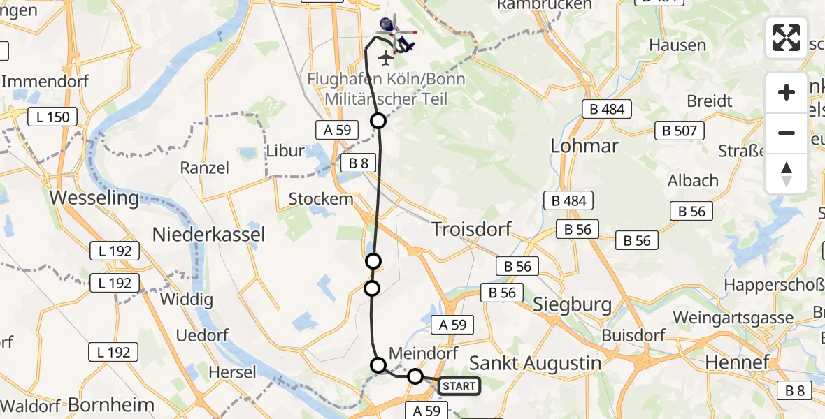 Flugroute Polizeihubschrauber Sankt Augustin - Köln Bonn Flughafen, 19 Mai 2026, 04:31