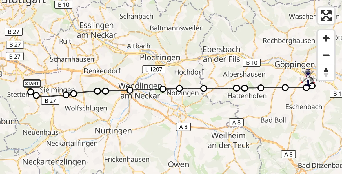 Flugroute Polizeihubschrauber Flughafen Stuttgart - Göppingen, 19 Mai 2026, 05:14