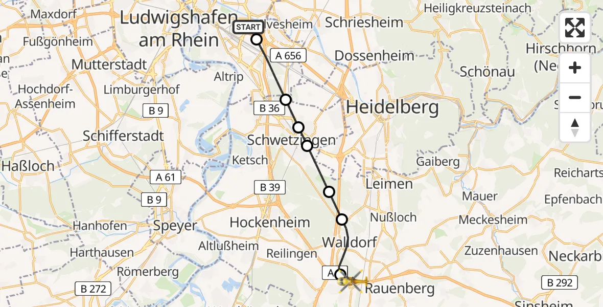 Flugroute Rettungshubschrauber Mannheim-City Flughafen - St. Leon-Rot, 19 Mai 2026, 05:31