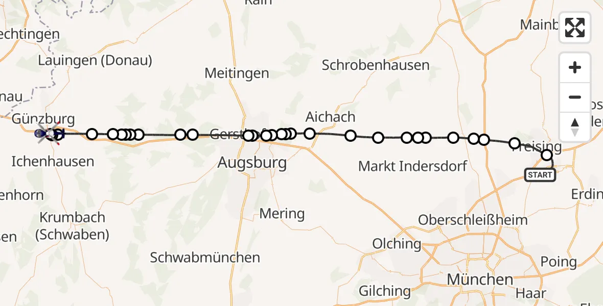 Flugroute Polizeihubschrauber München Flughafen - Legoland Hubschrauberlandeplatz, 19 Mai 2026, 05:42