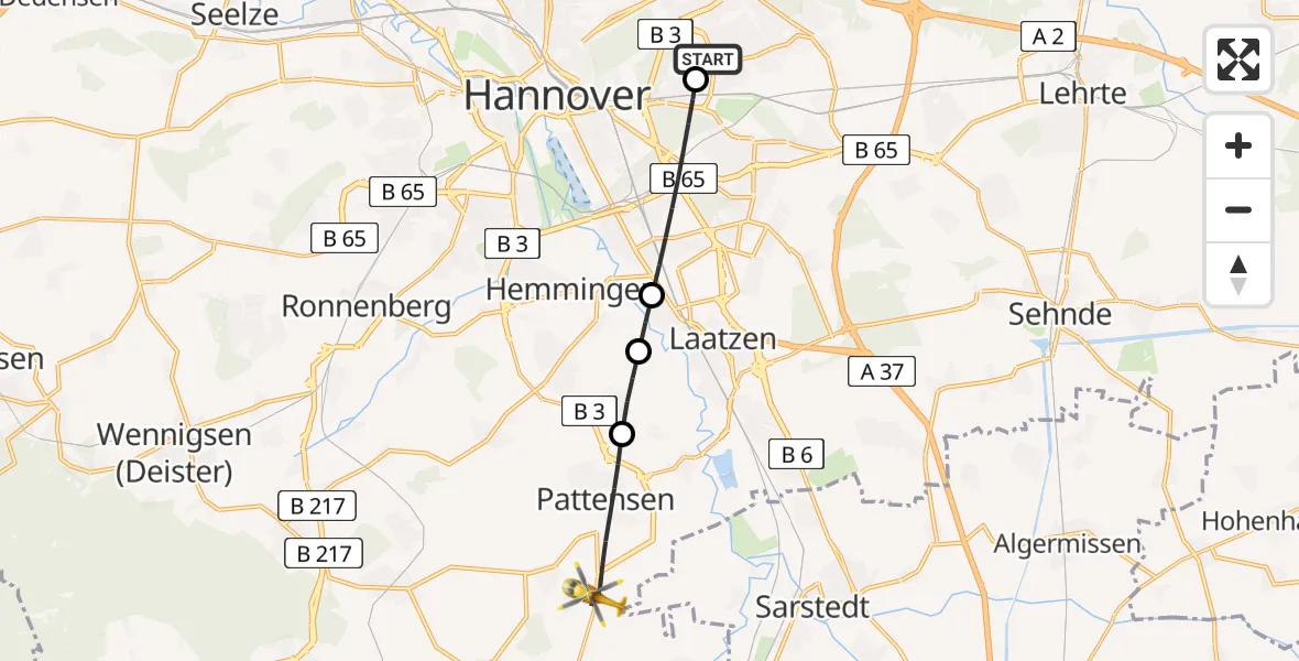 Flugroute Rettungshubschrauber Hannover Luftrettung Hubschrauberlandeplatz (Christoph 4) - Pattensen, 19 Mai 2026, 05:45