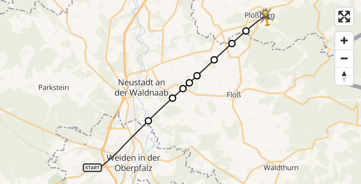 Flugroute Rettungshubschrauber Weiden i.d.OPf. - Plößberg, 19 Mai 2026, 05:49