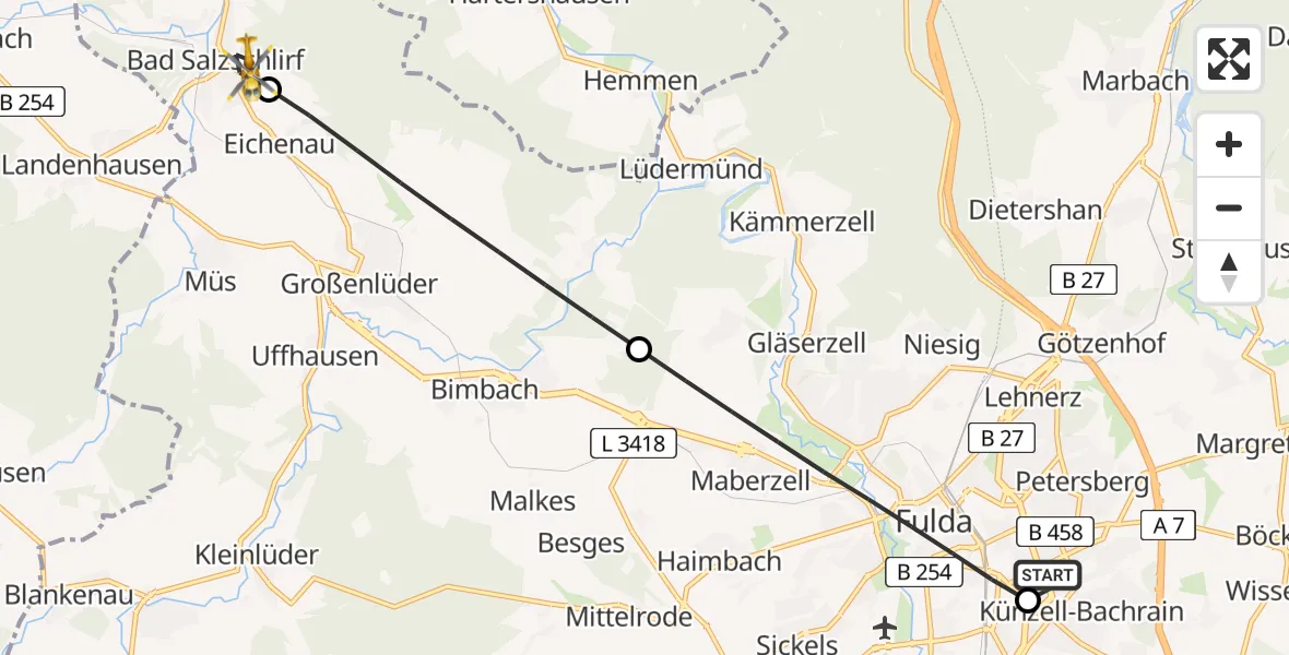 Flugroute Rettungshubschrauber Fulda Hospital - Bad Salzschlirf, 19 Mai 2026, 05:50