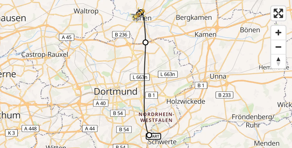 Flugroute Rettungshubschrauber Schwerte - Sankt Marien Hospital, 19 Mai 2026, 05:51