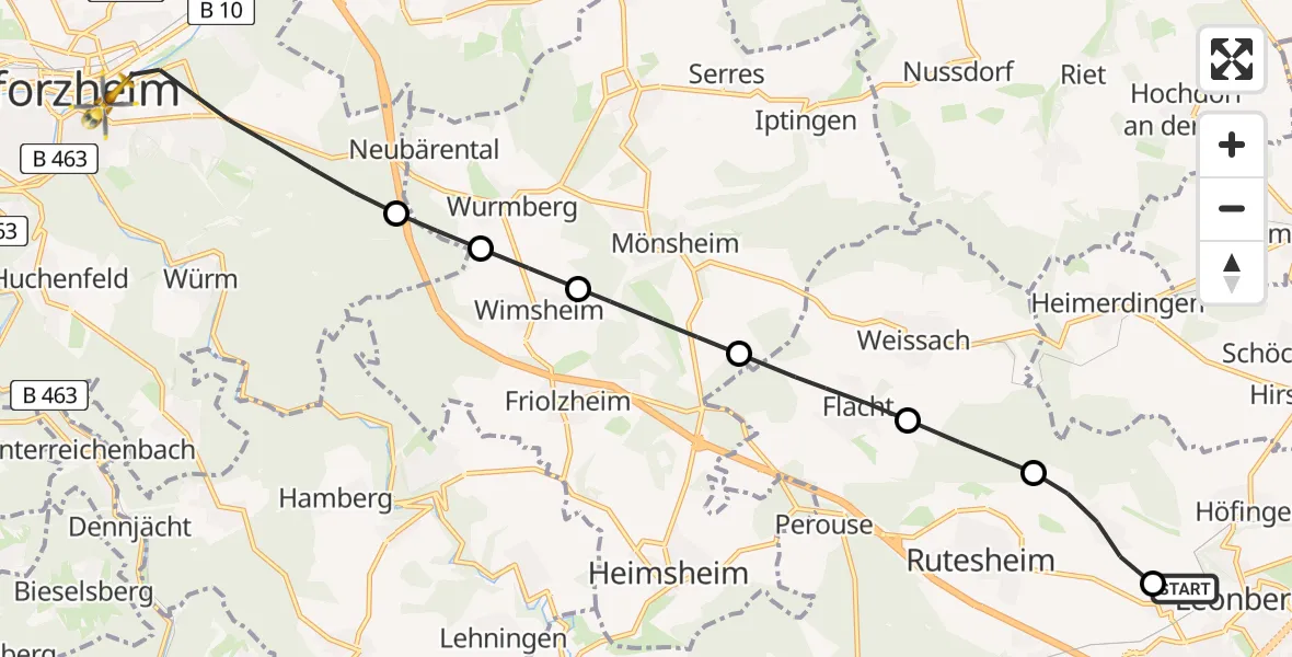 Flugroute Rettungshubschrauber Leonberg Hospital - Pforzheim, 19 Mai 2026, 05:54