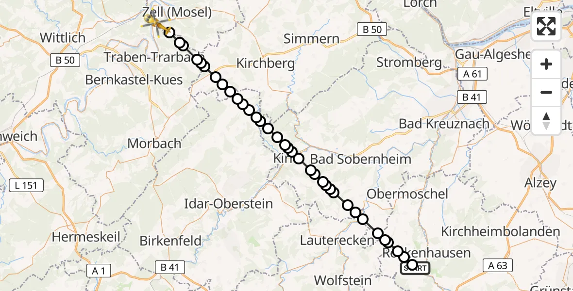 Flugroute Rettungshubschrauber Imsweiler UL - Briedel, 19 Mai 2026, 05:58