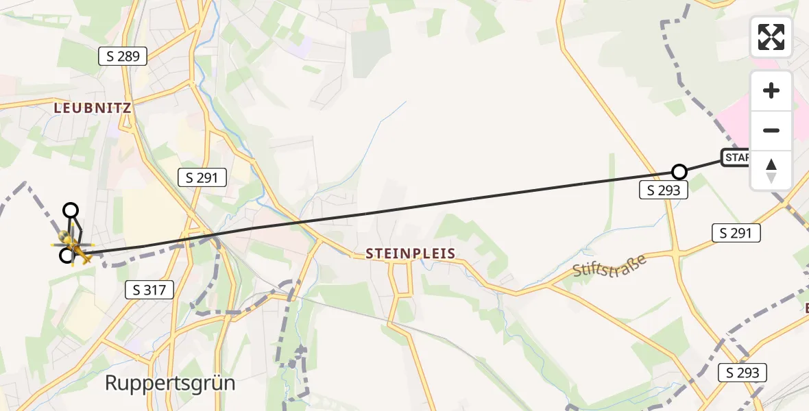 Flugroute Rettungshubschrauber ADAC Air Rescue Station Zwickau Hubschrauberlandeplatz - Werdau, 19 Mai 2026, 06:11