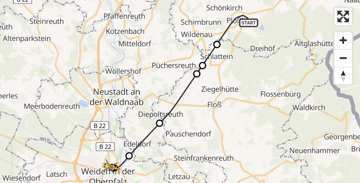 Flugroute Rettungshubschrauber Plößberg - Weiden Hospital, 19 Mai 2026, 06:12