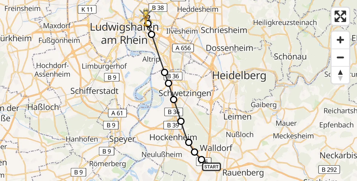 Flugroute Rettungshubschrauber St. Leon-Rot - Mannheim, 19 Mai 2026, 06:15