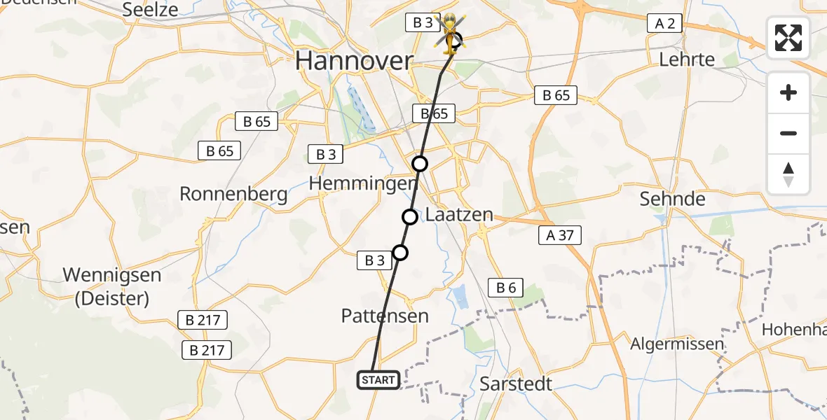 Flugroute Rettungshubschrauber Pattensen - Hannover Luftrettung Hubschrauberlandeplatz (Christoph 4), 19 Mai 2026, 06:20