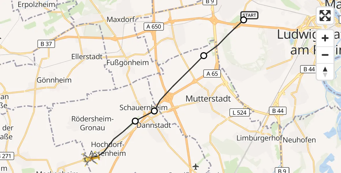 Flugroute Rettungshubschrauber Ludwigshafen Accident Hospital - Hochdorf-Assenheim, 19 Mai 2026, 06:24
