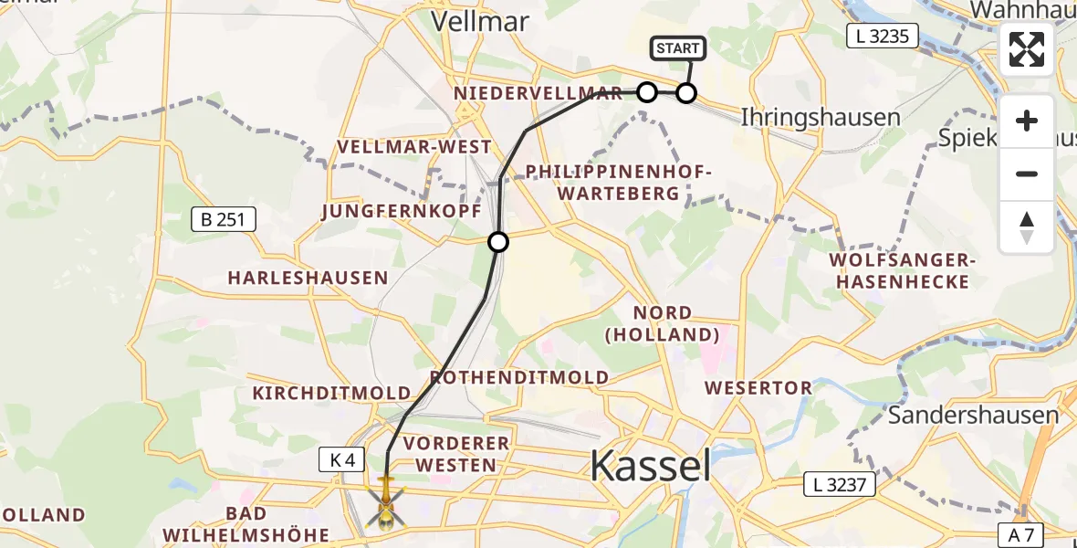 Flugroute Rettungshubschrauber Fuldatal Bundespolizei Hubschrauberlandeplatz - Kassel, 19 Mai 2026, 06:33