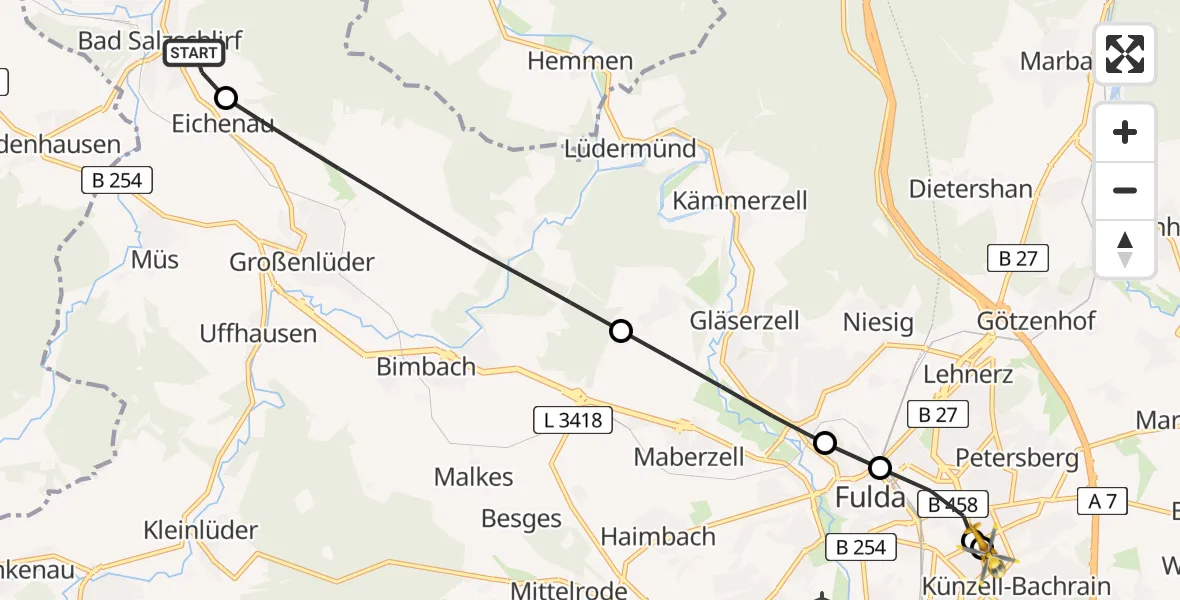 Flugroute Rettungshubschrauber Bad Salzschlirf - Fulda Hospital, 19 Mai 2026, 06:34