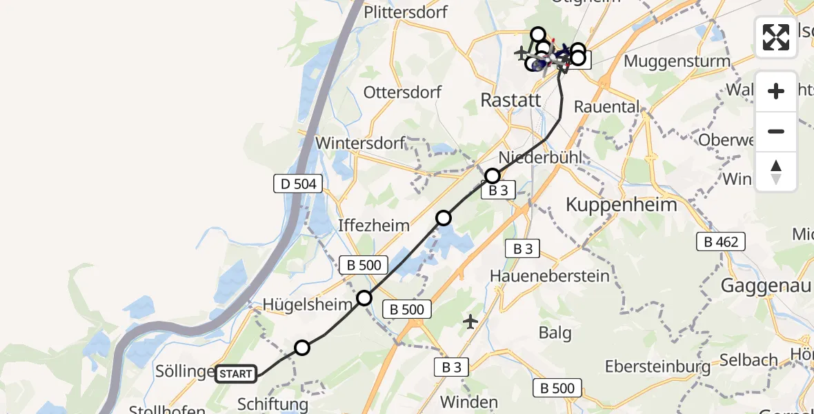 Flugroute Polizeihubschrauber Karlsruhe Baden-Baden Flughafen - Rastatt, 19 Mai 2026, 06:35