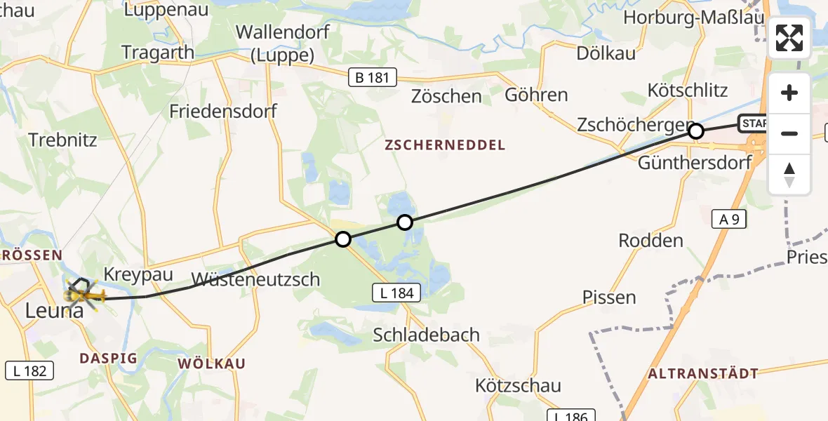 Flugroute Rettungshubschrauber ADAC Air Rescue Station Leipzig/Schkeuditz-Dölzig Hubschrauberlandeplatz (Christoph 61) - Leuna, 19 Mai 2026, 06:40