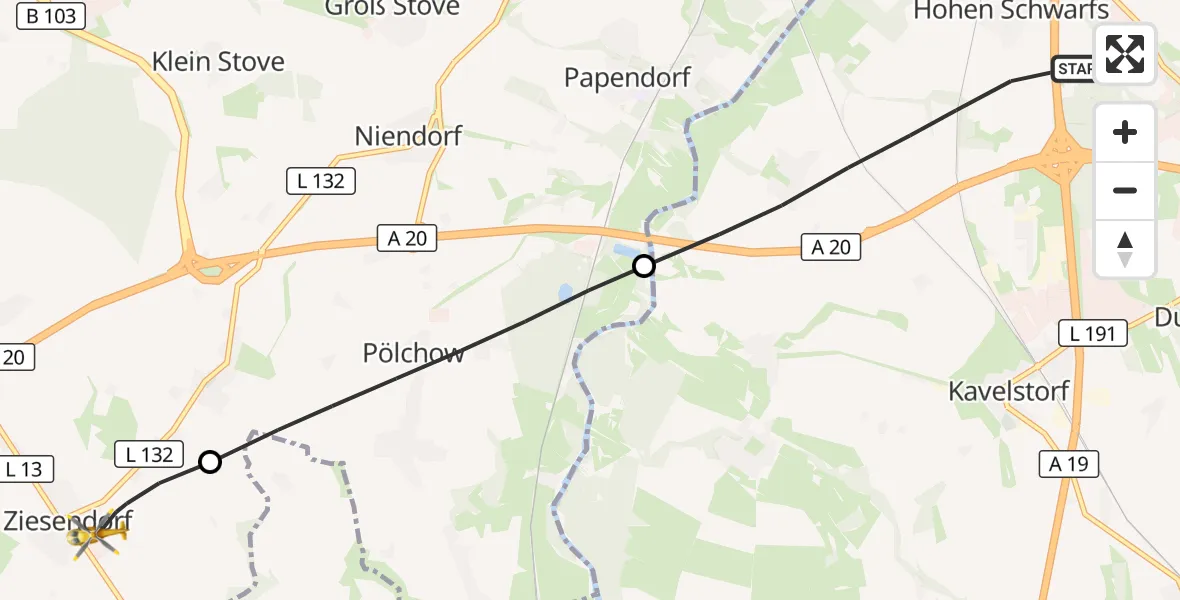 Flugroute Ambulanzhubschrauber Dummerstorf - Ziesendorf, 19 Mai 2026, 06:42