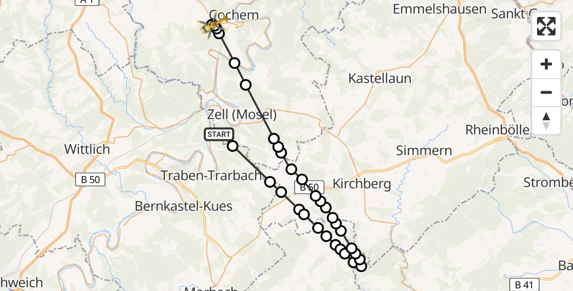 Flugroute Rettungshubschrauber Briedel - Cochem, 19 Mai 2026, 06:48