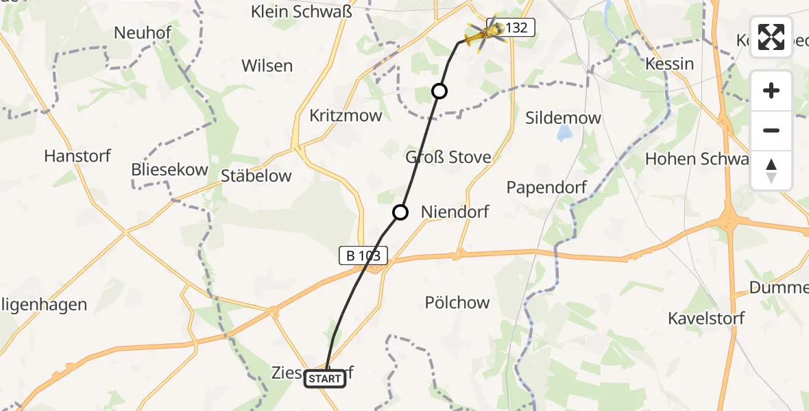 Flugroute Ambulanzhubschrauber Ziesendorf - Rostock, 19 Mai 2026, 06:48