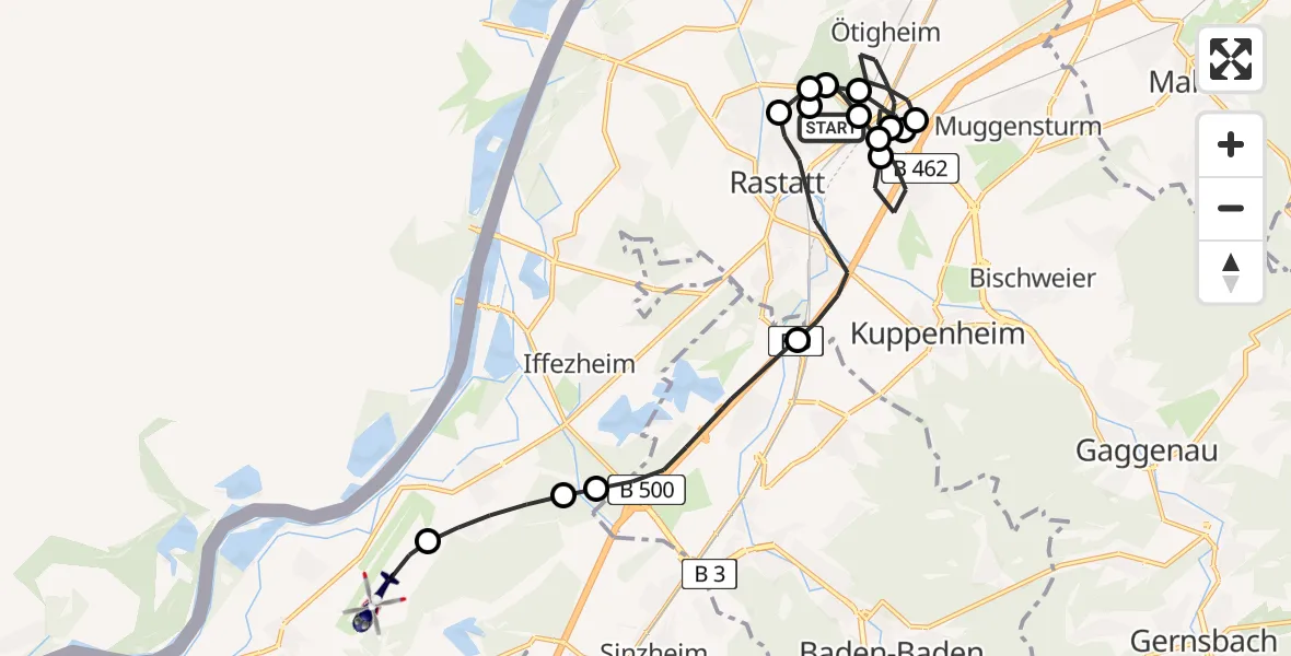 Flugroute Polizeihubschrauber Rastatt - Karlsruhe Baden-Baden Flughafen, 19 Mai 2026, 06:50
