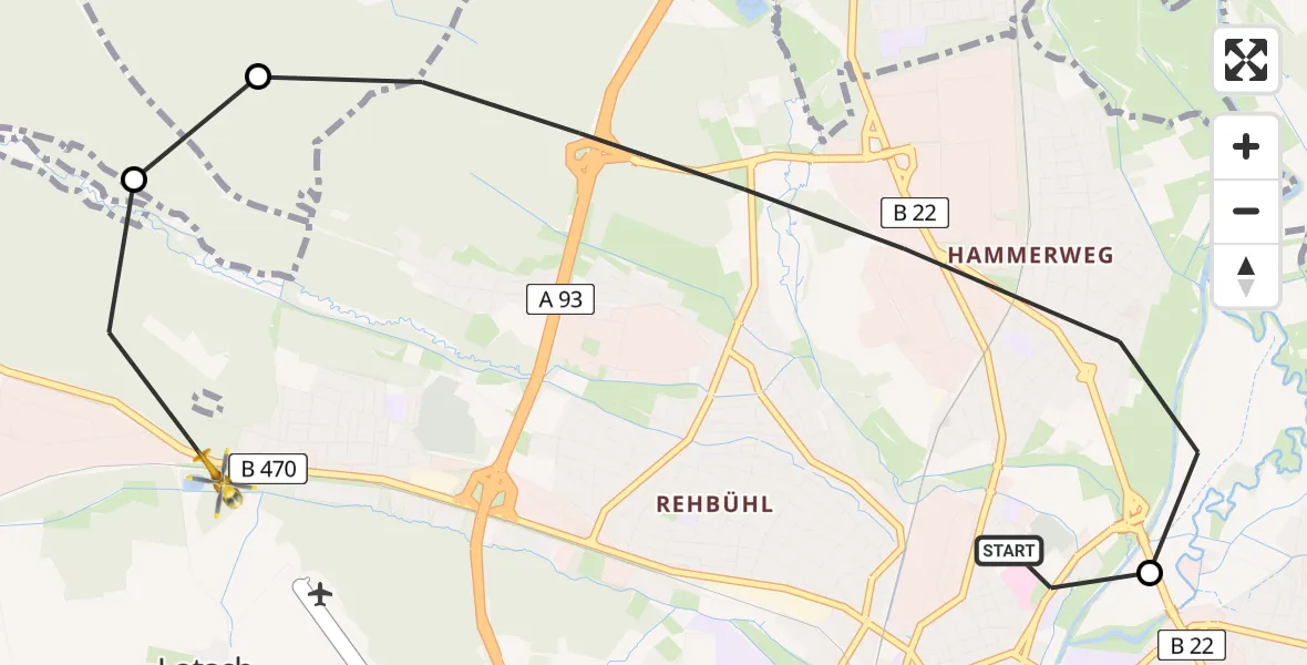 Flugroute Rettungshubschrauber Weiden Hospital - Weiden i.d.OPf., 19 Mai 2026, 06:53