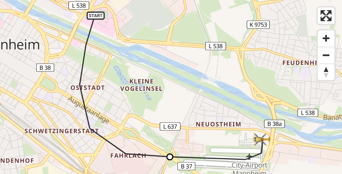 Flugroute Rettungshubschrauber Mannheim - Mannheim-City Flughafen, 19 Mai 2026, 06:53