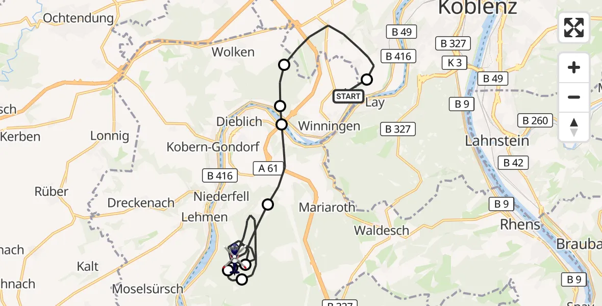 Flugroute Polizeihubschrauber Koblenz-Winningen Flugplatz - Niederfell, 19 Mai 2026, 06:56