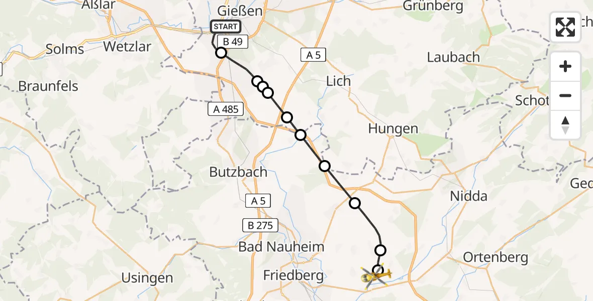 Flugroute Rettungshubschrauber Gießen - Flugplatz Reichelsheim, 19 Mai 2026, 07:00