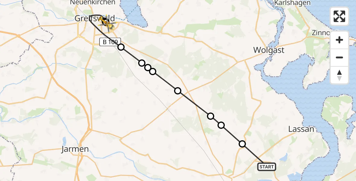 Flugroute Rettungshubschrauber Murchin - Greifswald Hospital, 19 Mai 2026, 07:15