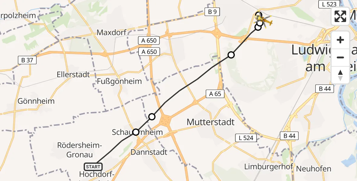 Flugroute Rettungshubschrauber Hochdorf-Assenheim - Ludwigshafen Accident Hospital, 19 Mai 2026, 07:18