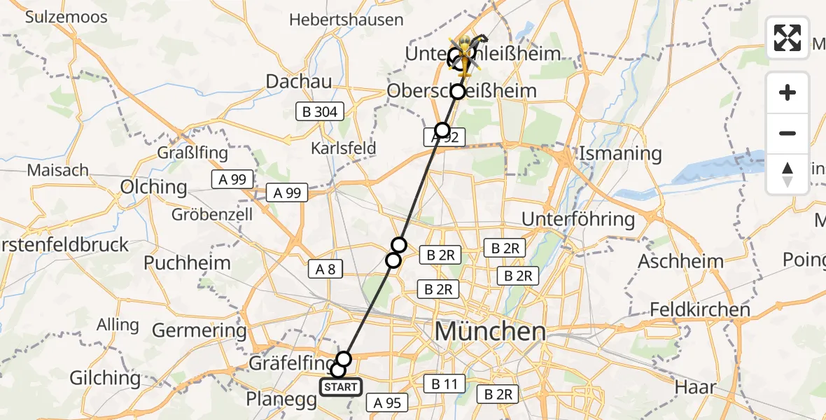 Flugroute Rettungshubschrauber DRF Air Rescue München Hubschrauberlandeplatz - Oberschleißheim, 19 Mai 2026, 07:18